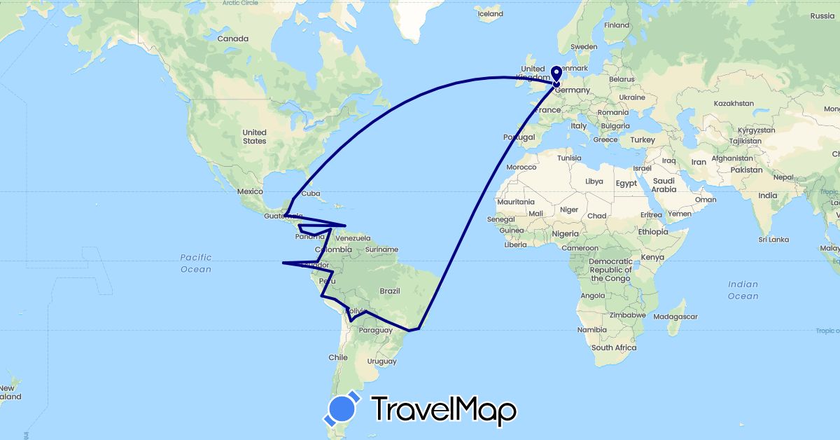 TravelMap itinerary: driving in Bolivia, Brazil, Belize, Colombia, Costa Rica, Ecuador, Guatemala, Honduras, Mexico, Nicaragua, Netherlands, Panama, Peru (Europe, North America, South America)